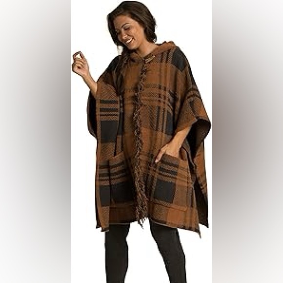 Barefoot Dream cozychic fringe plaid hooded poncho honey/carbon one size NWT - Picture 6 of 13